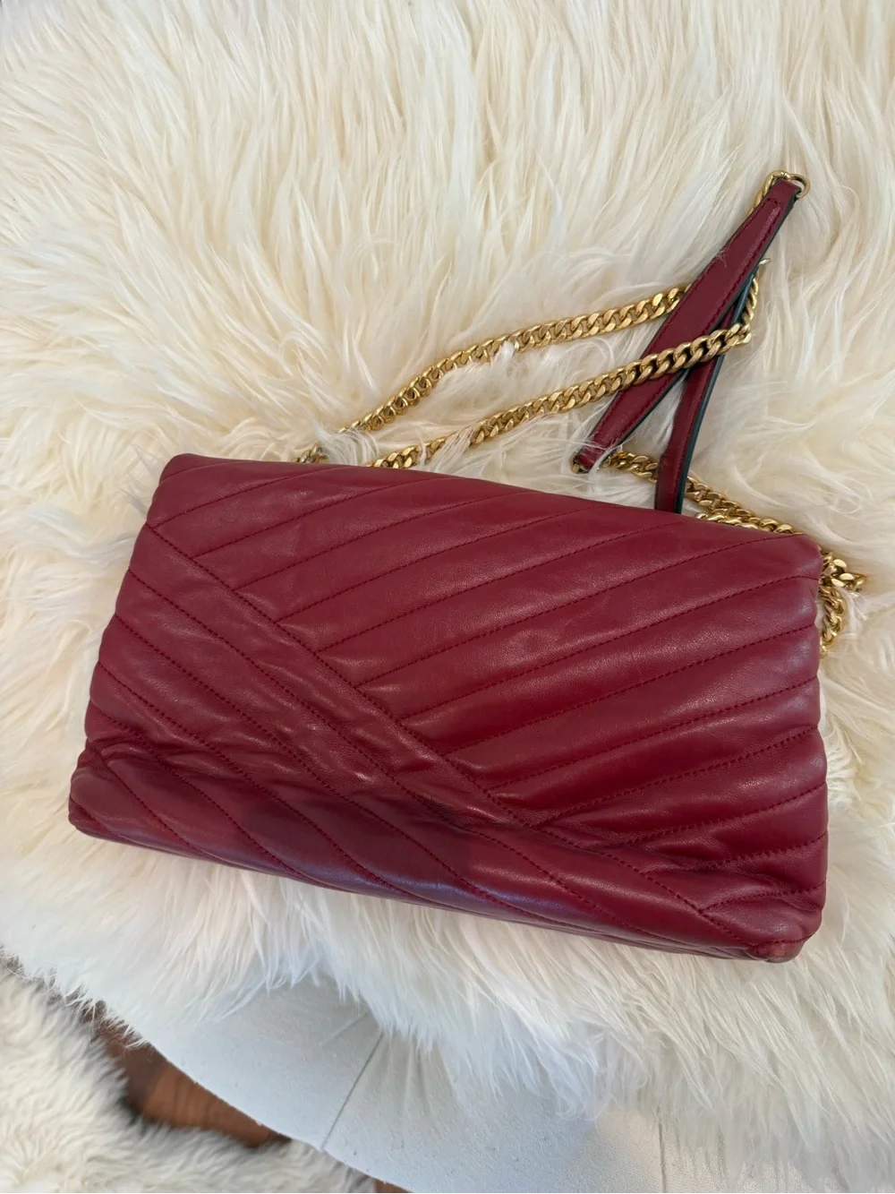 Tory Burch Full Size Quilted Chevron Shoulder Bag in Wine Red with Gold Hardware